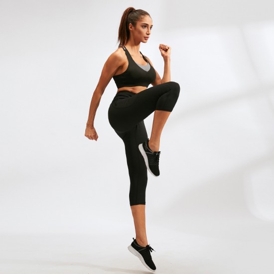 Women's yoga pants, pocket fitness running sports, elastic quick-drying pants, high-waisted, height-lifting tight 3/4 pants 92303