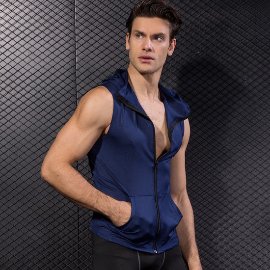 Men's tight-fitting sleeveless vest, running training fitness suit, zipper hooded quick-drying coat 9006