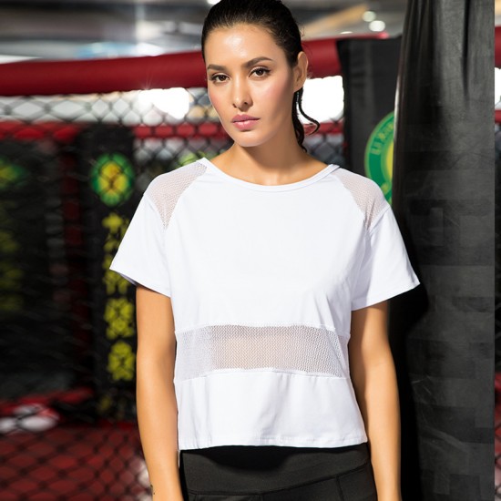 Women's mesh and gauze patchwork yoga wear, loose casual running and fitness wear, quick-drying and breathable sports smock 2021