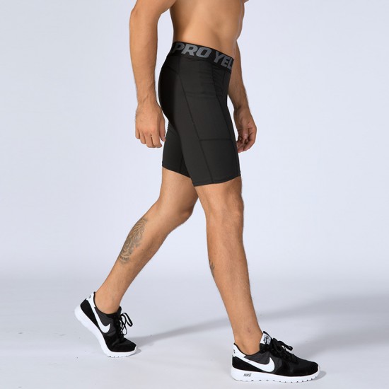 Men's Pro Fitness Shorts With Pocket Sports Running Training Sweat-wicking Quick-drying Elastic Tight Shorts 1084