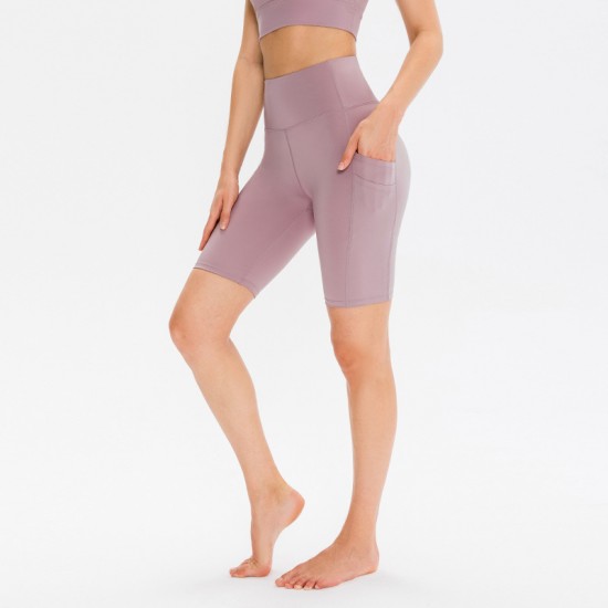 Women's tight double-pocket fitness yoga shorts, high-waists running elastic quick-drying exercise 5-minute shorts 12424