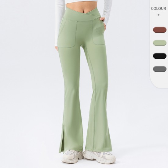 European and American nude yoga flared pants, women's crossed high-waisted, hip-lifting, wide-leg pants, breathable fitness and sports long pants 42309