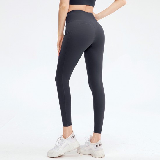 Women's nude yoga pants, high-waisted, hip-lifting, pocket-sized tight sports pants, high-elasticity quick-drying fitness pants 02336