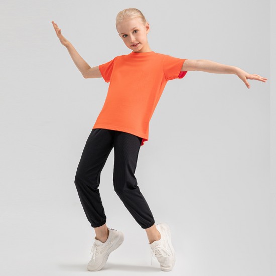 Children's and girls' pure cotton loose sports T-shirts, sweat-absorbing and breathable, short-sleeved outdoor running training, printed with D15015