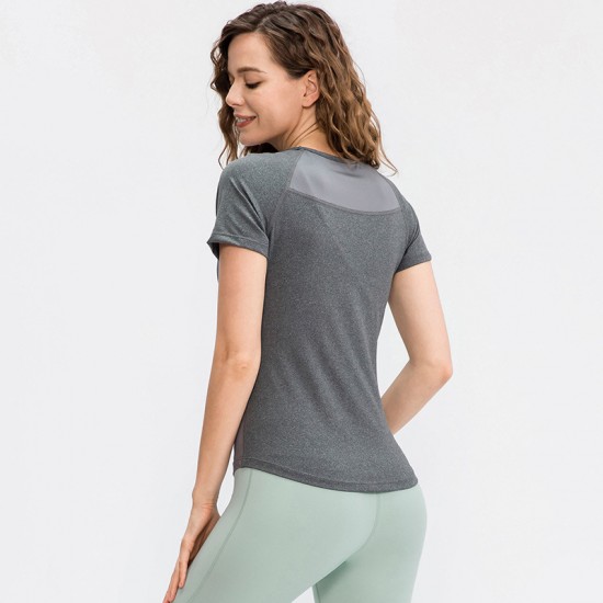 Women's Tight Yoga Short Sleeve Crew Neck Sports T-shirt Mesh Breathable High Elastic Quick-drying Running Fitness Clothing 02216