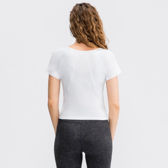 Women's fitness short-sleeved round-neck tight-fitting quick-drying sports T-shirt, elastic running high-waisted yoga wear top 02215