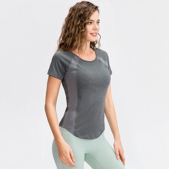 Women's Tight Yoga Short Sleeve Crew Neck Sports T-shirt Mesh Breathable High Elastic Quick-drying Running Fitness Clothing 02216
