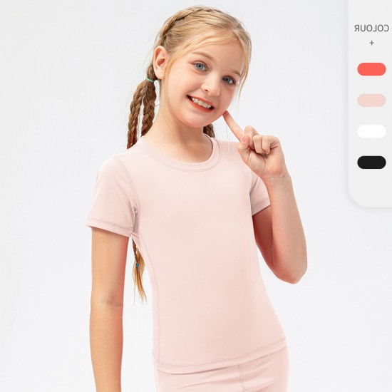 Children's summer yoga exercise short-sleeved T-shirt, sweat-absorbing and breathable, girls' running and dance training top, short-sleeved 23207 Children's summer yoga exercise short-sleeved T-shirt, sweat-absorbing and breathable, girls' running and dance training top, short-sleeved 23207