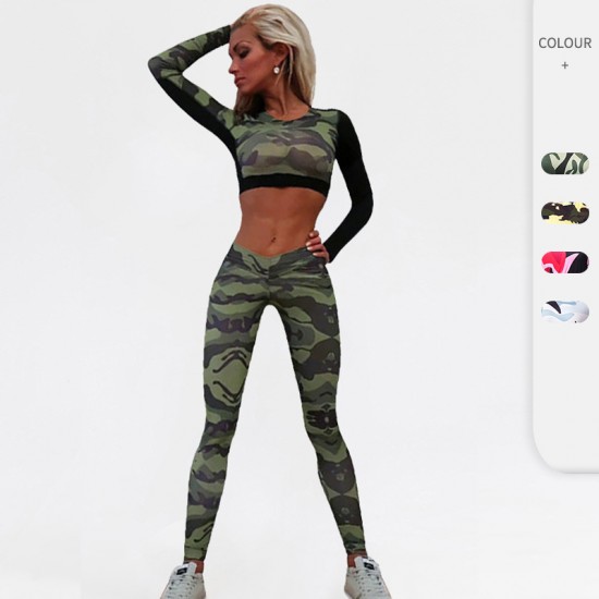 Women's fitness yoga pants, sports running training, cross-border tight quick-drying camouflage pants 5012+5015