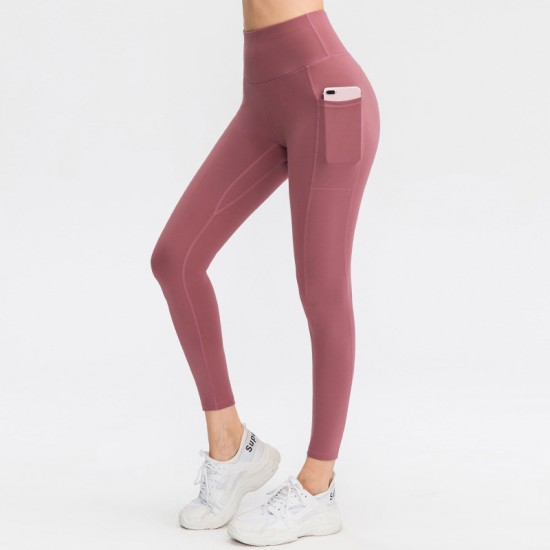 Women's nude yoga pants, high-waisted, hip-lifting, pocket-sized tight sports pants, high-elasticity quick-drying fitness pants 02336