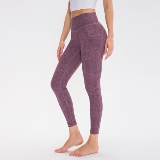 Ladies' printed yoga long pants with pockets, high-waisted, height-lifting, tight sports pants, high-elasticity, quick-drying fitness pants 02336