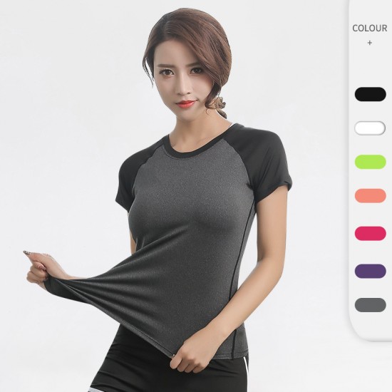 Ladies' yoga tight-fitting short-sleeved fitness running exercise training quick-drying elastic two-tone round-neck T-shirt 2053